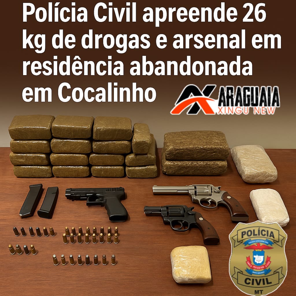 Polícia Civil apreende 26 kg de drogas e arsenal em residência abandonada em Cocalinho.